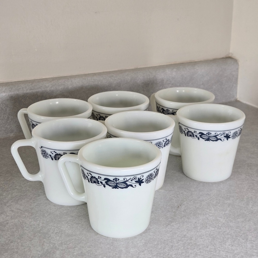 Vintage Pyrex Mugs Set of 7White Blue Floral Band Coffee Tea Cups 1410 300 ml